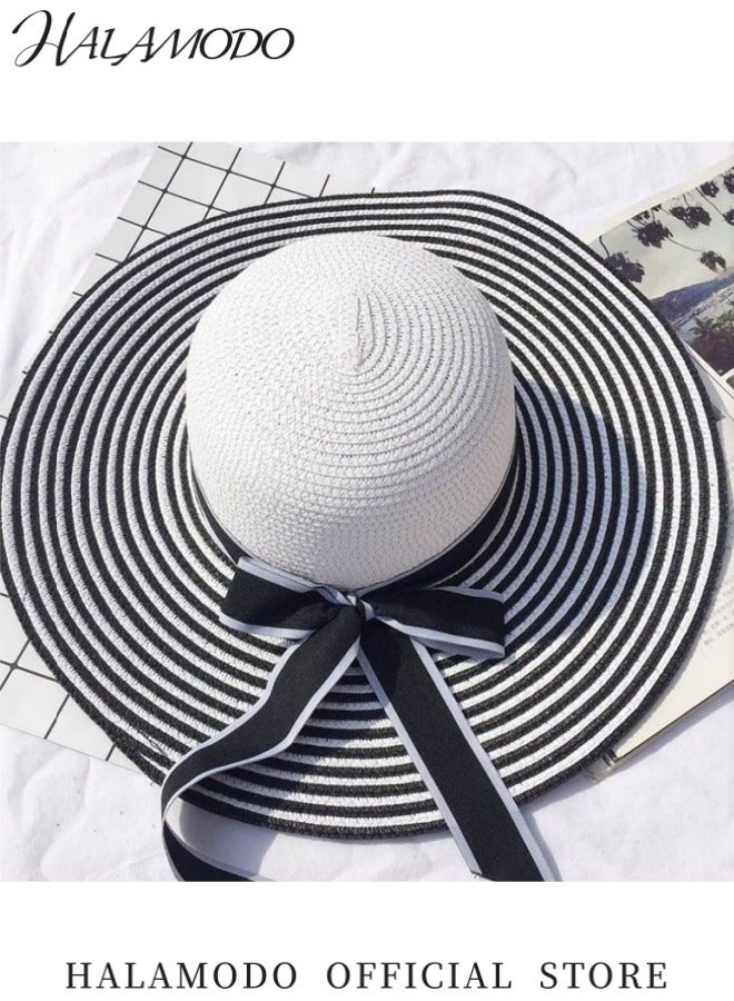 هالامودو قبعة واسعة الحواف أنيقة نسائية قبعة شمسية للحماية من الأشعة فوق البنفسجية قبعة أنيقة باللونين الأسود والأبيض مع رباط أنيق قبعة مريحة في الهواء الطلق مثالية للشاطئ والحديقة والسفر - Image 4