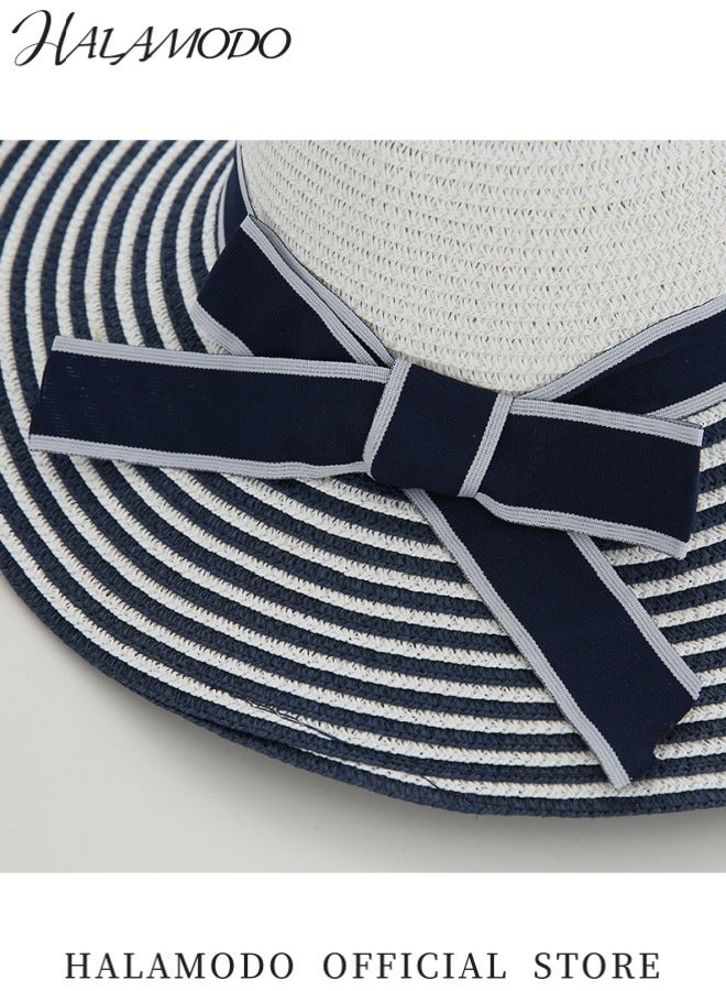 هالامودو قبعة واسعة الحواف أنيقة نسائية قبعة شمسية للحماية من الأشعة فوق البنفسجية قبعة أنيقة باللونين الأسود والأبيض مع رباط أنيق قبعة مريحة في الهواء الطلق مثالية للشاطئ والحديقة والسفر - Image 5