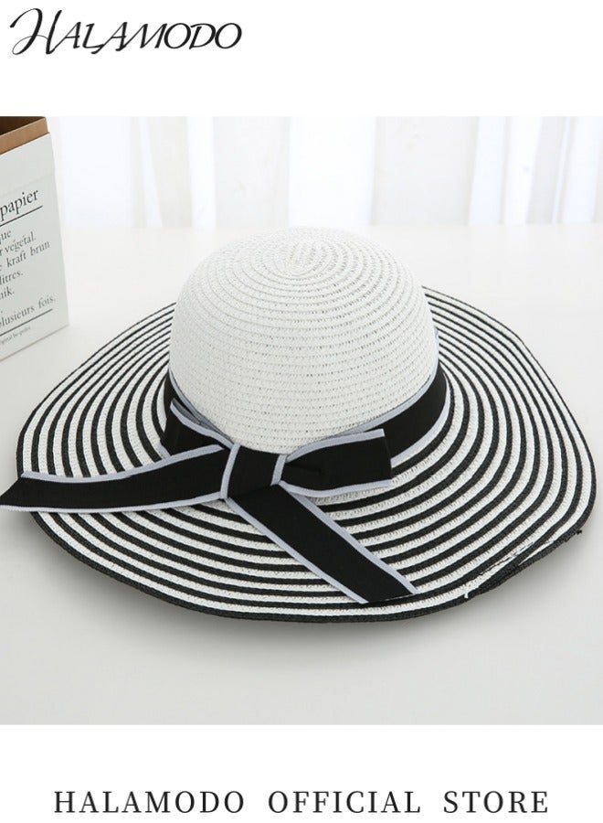 هالامودو قبعة واسعة الحواف أنيقة نسائية قبعة شمسية للحماية من الأشعة فوق البنفسجية قبعة أنيقة باللونين الأسود والأبيض مع رباط أنيق قبعة مريحة في الهواء الطلق مثالية للشاطئ والحديقة والسفر - Image 3