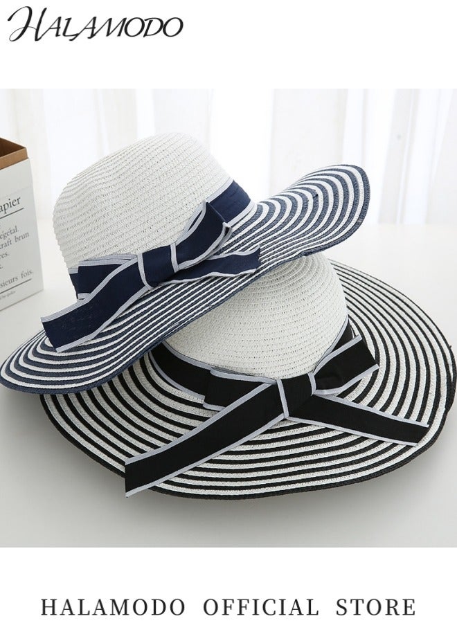 هالامودو قبعة واسعة الحواف أنيقة نسائية قبعة شمسية للحماية من الأشعة فوق البنفسجية قبعة أنيقة باللونين الأسود والأبيض مع رباط أنيق قبعة مريحة في الهواء الطلق مثالية للشاطئ والحديقة والسفر - Image 2