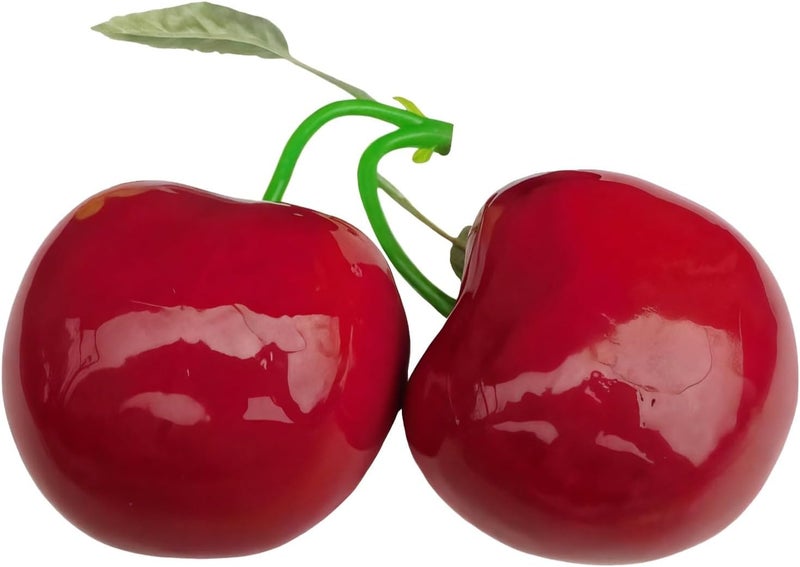 Faux Cherry Fruit Ornament, Large Tabletop Cherry Model for Home, Living & Kitchen Decor, Green Leaf Details Included - Image 1