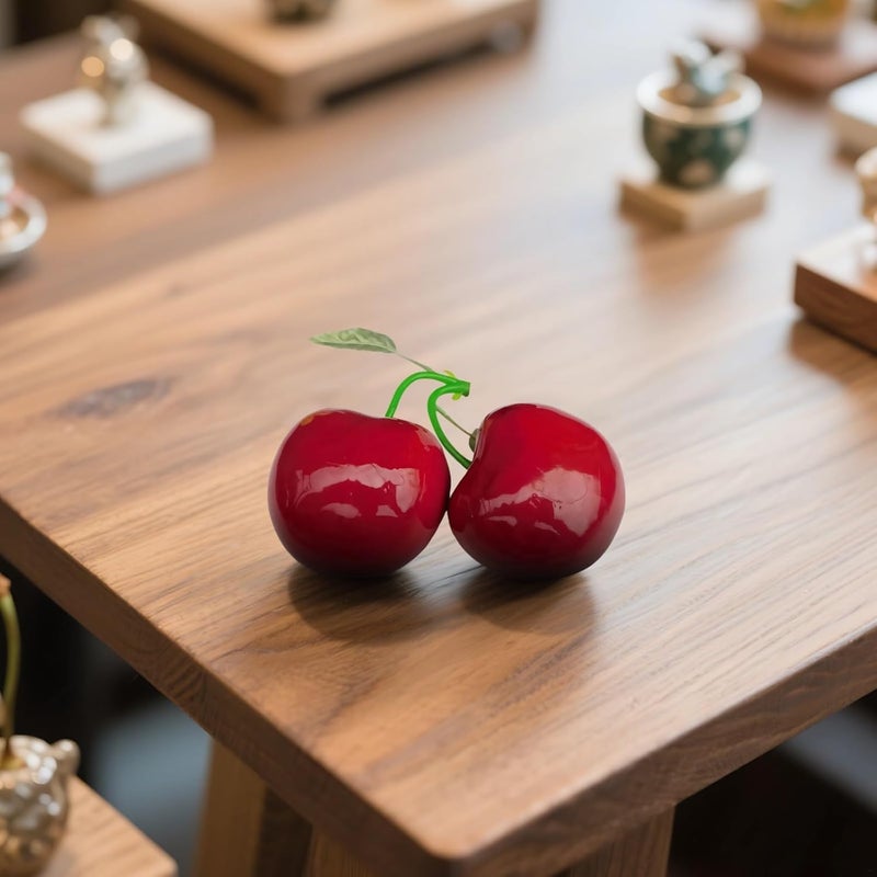 Faux Cherry Fruit Ornament, Large Tabletop Cherry Model for Home, Living & Kitchen Decor, Green Leaf Details Included - Image 3