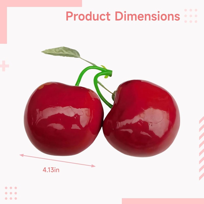 Faux Cherry Fruit Ornament, Large Tabletop Cherry Model for Home, Living & Kitchen Decor, Green Leaf Details Included - Image 4