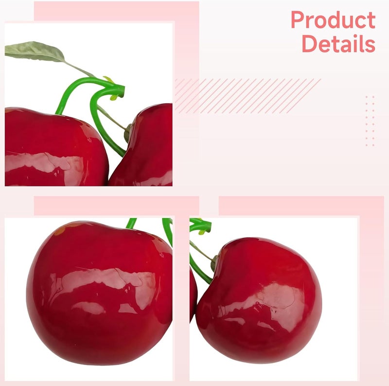 Faux Cherry Fruit Ornament, Large Tabletop Cherry Model for Home, Living & Kitchen Decor, Green Leaf Details Included - Image 2