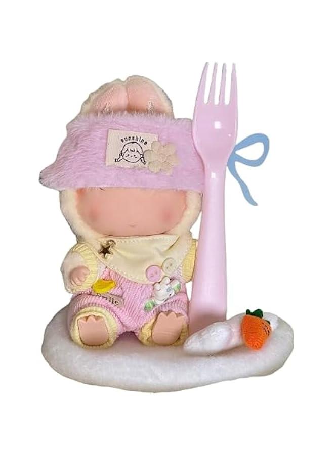 Generic Pink Bucket Hat and Overalls Clothing Set for 17cm Plush Dolls, 2-Piece Outfit with Triangle Logo (Yellow-Pink) - Image 1