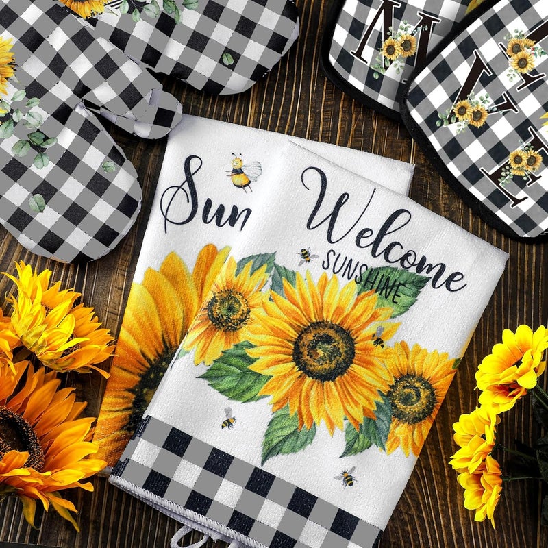 Bencailor Bencailor 6 Pcs Kitchen Decor Pot Holders Oven Mitts 2 Dish Towels 2 Farmhouse Cooking Mittens Oven Glove 2 Potholder for Baking Cooking Grilling Supply AccessoriesYellowSunflower - Image 2