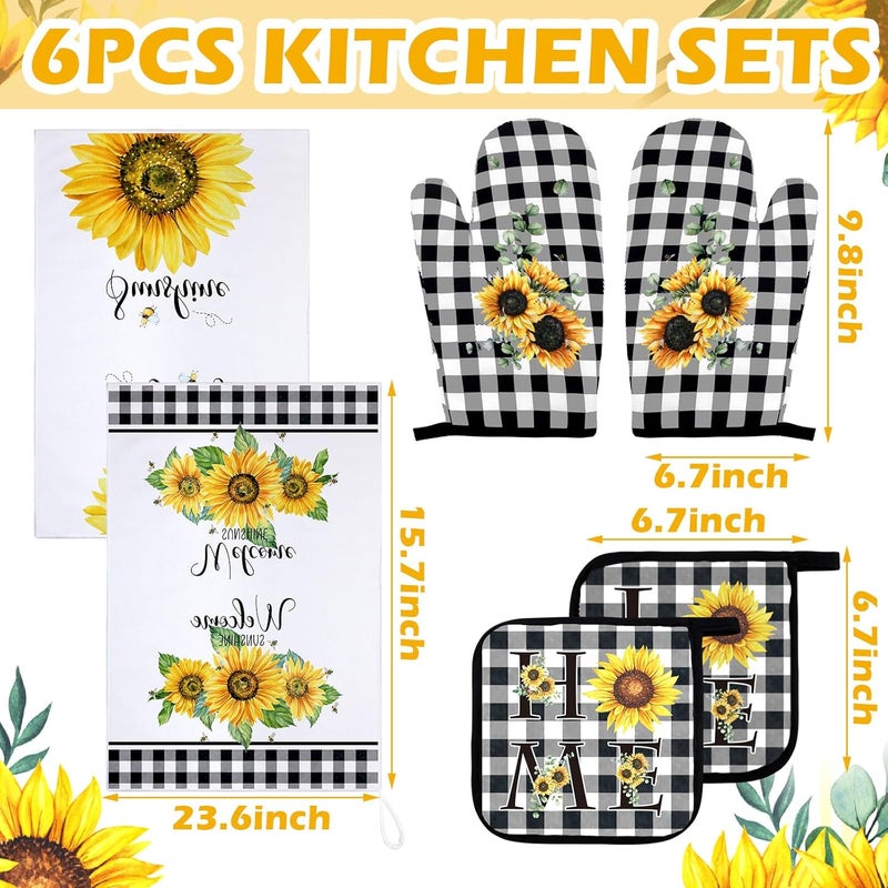 Bencailor Bencailor 6 Pcs Kitchen Decor Pot Holders Oven Mitts 2 Dish Towels 2 Farmhouse Cooking Mittens Oven Glove 2 Potholder for Baking Cooking Grilling Supply AccessoriesYellowSunflower - Image 3