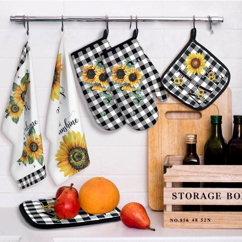 Bencailor Bencailor 6 Pcs Kitchen Decor Pot Holders Oven Mitts 2 Dish Towels 2 Farmhouse Cooking Mittens Oven Glove 2 Potholder for Baking Cooking Grilling Supply AccessoriesYellowSunflower - Image 5