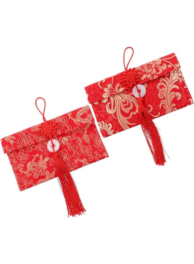 اليكليڤ 2 عبوات مغلفات حمراء حريرية صينية تقليدية من التنين والعنقاء 100 قطعة حقائب نقود للسنة الصينية الجديدة زفاف مظاريف حمراء ميمونة عامة (أفقي) - Image 2