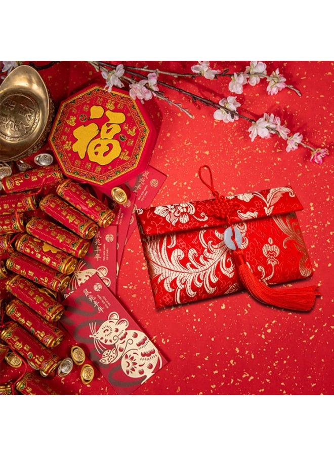 اليكليڤ 2 عبوات مغلفات حمراء حريرية صينية تقليدية من التنين والعنقاء 100 قطعة حقائب نقود للسنة الصينية الجديدة زفاف مظاريف حمراء ميمونة عامة (أفقي) - Image 5
