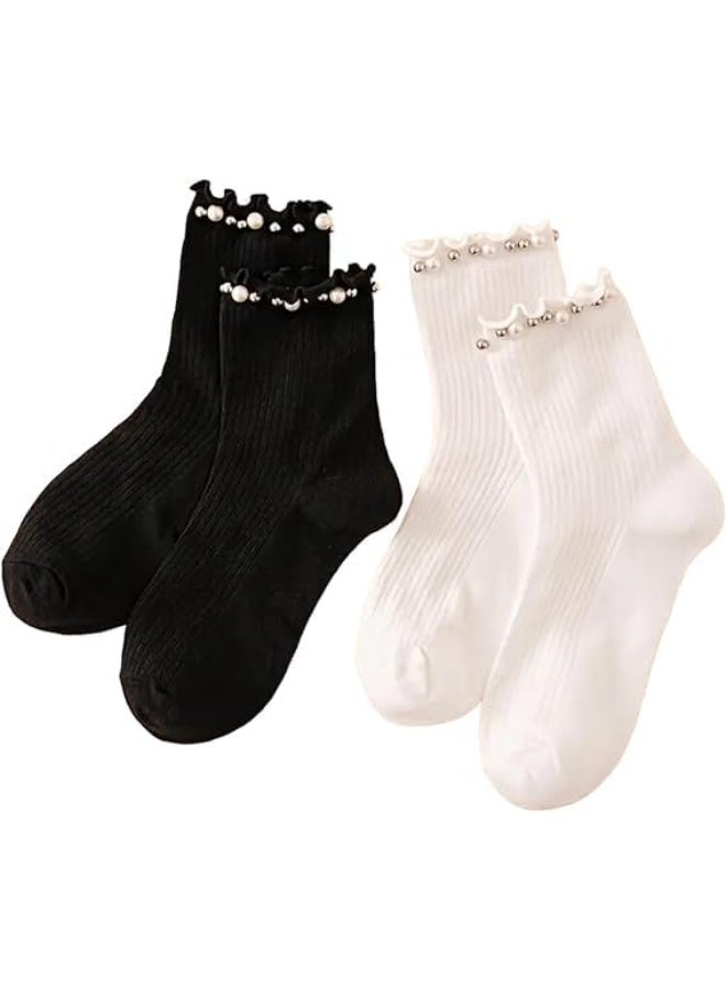 ChicAbode Embellished Pearl Socks, 2 Pairs Women Socks Size 4-7, Ladies Socks, Cotton Socks, Women Fashion Socks for Girls, Black, White - Image 1