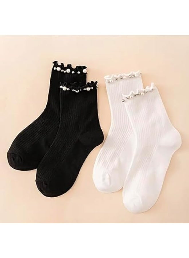 ChicAbode Embellished Pearl Socks, 2 Pairs Women Socks Size 4-7, Ladies Socks, Cotton Socks, Women Fashion Socks for Girls, Black, White - Image 5