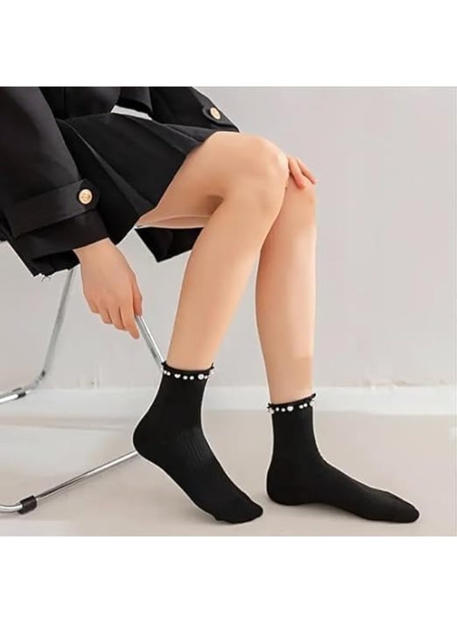 ChicAbode Embellished Pearl Socks, 2 Pairs Women Socks Size 4-7, Ladies Socks, Cotton Socks, Women Fashion Socks for Girls, Black, White - Image 4