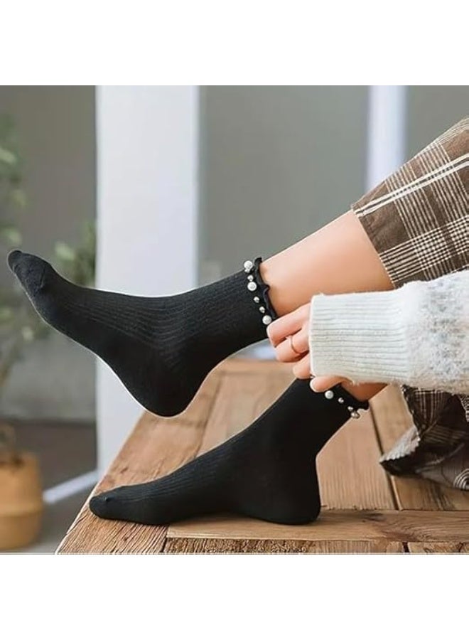 ChicAbode Embellished Pearl Socks, 2 Pairs Women Socks Size 4-7, Ladies Socks, Cotton Socks, Women Fashion Socks for Girls, Black, White - Image 2