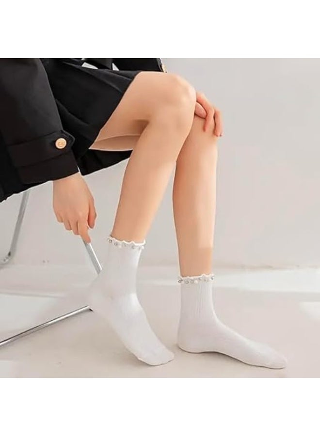 ChicAbode Embellished Pearl Socks, 2 Pairs Women Socks Size 4-7, Ladies Socks, Cotton Socks, Women Fashion Socks for Girls, Black, White - Image 3