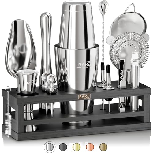 BARE BARREL® Mixology Bartender Kit Bar Set | 16-Piece Cocktail Shaker Set | Martini Barware Mixing Tools for Home Bartending | Incl. 35 Recipe Cards | Gift Set (28oz Boston Shaker, Silver/Black) - Image 1