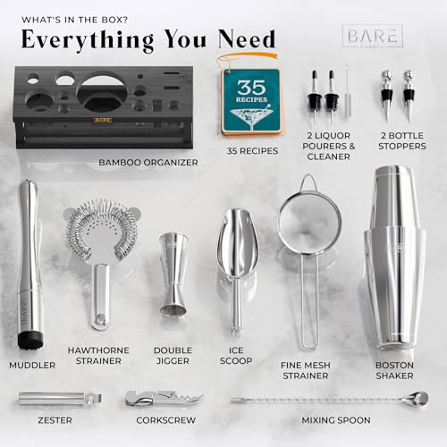 BARE BARREL® Mixology Bartender Kit Bar Set | 16-Piece Cocktail Shaker Set | Martini Barware Mixing Tools for Home Bartending | Incl. 35 Recipe Cards | Gift Set (28oz Boston Shaker, Silver/Black) - Image 4