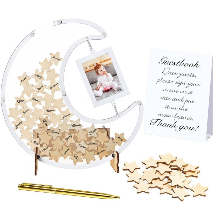 MOON GUEST BOOK WITH WOOD STAR CUTOUTS BABY SHOWER ALTERNATIVE GUEST BOOKS WITH PHOTO FRAME FOR BABY SHOWER WEDDING BIRTHDAY PARTIES KEEPSAKELARGECLEAR