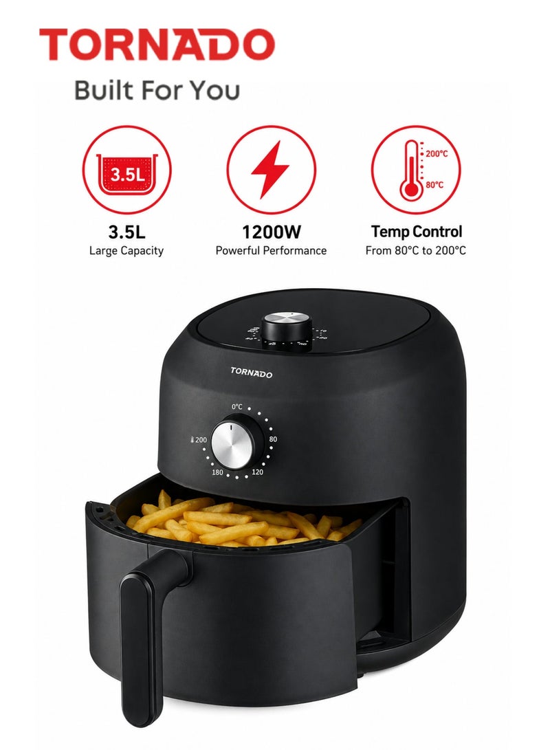 TORNADO 3.5L Manual Air Fryer 1200W, Rapid Hot Air System, 80-200°C Temp Control, 60-Min Timer with Auto Shut-Off, Non-Stick Detachable Drawer, Black - TFN-A1235MB1AG - 1-Year Free Warranty - Image 1