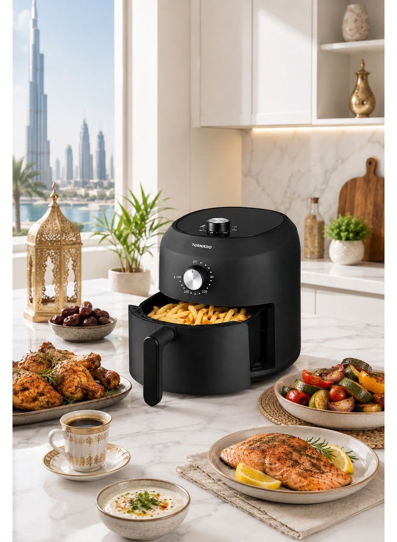 TORNADO 3.5L Manual Air Fryer 1200W, Rapid Hot Air System, 80-200°C Temp Control, 60-Min Timer with Auto Shut-Off, Non-Stick Detachable Drawer, Black - TFN-A1235MB1AG - 1-Year Free Warranty - Image 2
