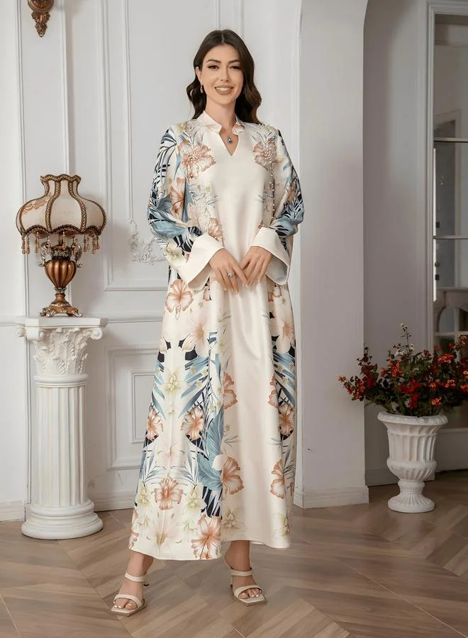 Take Two Take Two Floral Print Embellished Faux Pearl Detail Jalabiya