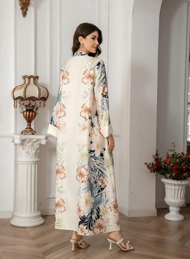 Take Two Take Two Floral Print Embellished Faux Pearl Detail Jalabiya