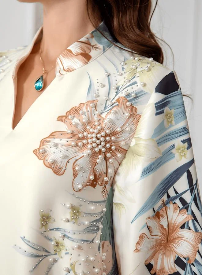 تايك تو جلابية مزينة بطبعة زهور وتفاصيل لؤلؤ صناعي