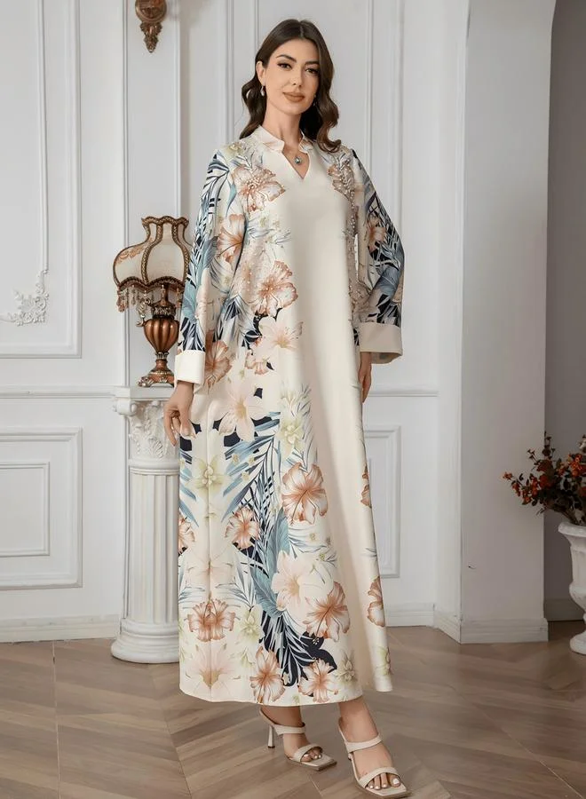 Take Two Take Two Floral Print Embellished Faux Pearl Detail Jalabiya