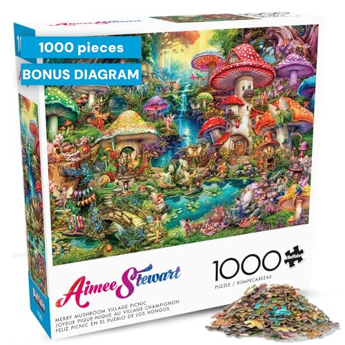 Buffalo Games 1000 Piece Jigsaw Puzzle Aimee Stewart Merry Mushroom Village Picnic Made in USA Premium Recycled Board FullColor Poster Giftable - Image 1