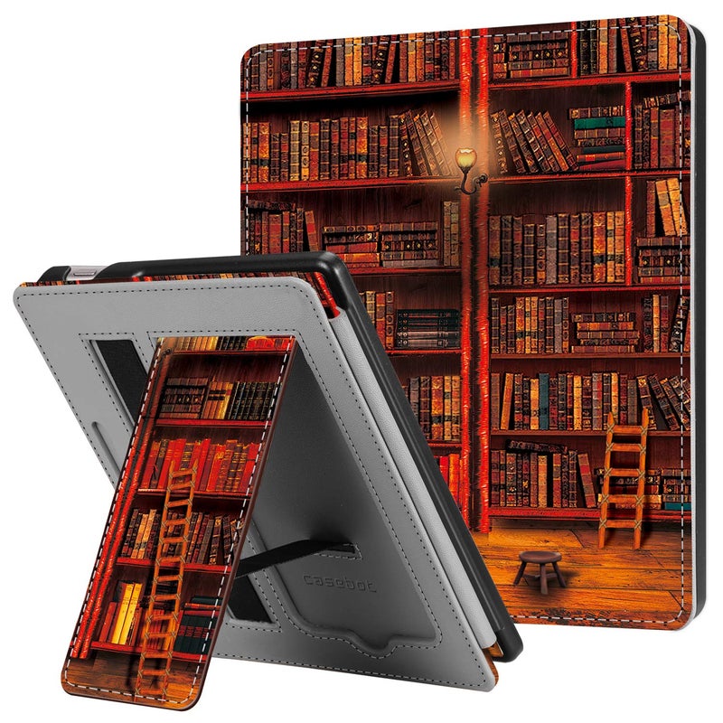 CaseBot Stand Case for Kindle Oasis (10th/9th Generation, 2019/2017 Release) - Premium PU Leather Sleeve Cover with Card Slot and Hand Strap, Library - Image 1