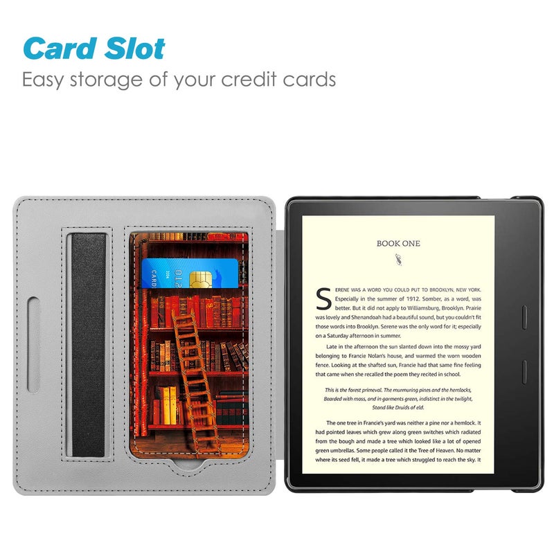 CaseBot Stand Case for Kindle Oasis (10th/9th Generation, 2019/2017 Release) - Premium PU Leather Sleeve Cover with Card Slot and Hand Strap, Library - Image 4