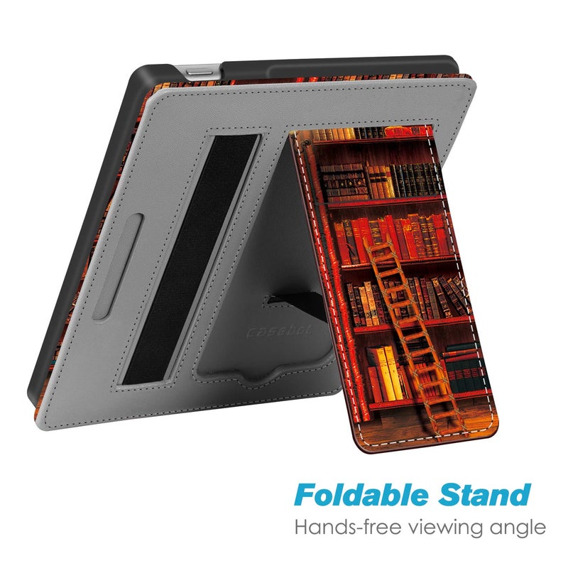 CaseBot Stand Case for Kindle Oasis (10th/9th Generation, 2019/2017 Release) - Premium PU Leather Sleeve Cover with Card Slot and Hand Strap, Library - Image 3