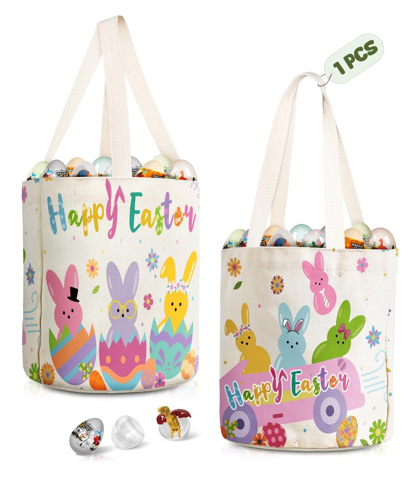 JMHACHY Bunny Easter Tote Bag for Kids - Large Easter Canvas Basket with Handles, Cute Bunny in Eggshell Pattern Tote Bag for Egg Hunting Parties - Image 1