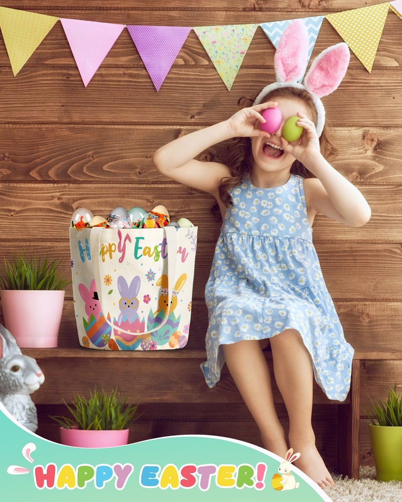JMHACHY Bunny Easter Tote Bag for Kids - Large Easter Canvas Basket with Handles, Cute Bunny in Eggshell Pattern Tote Bag for Egg Hunting Parties - Image 2