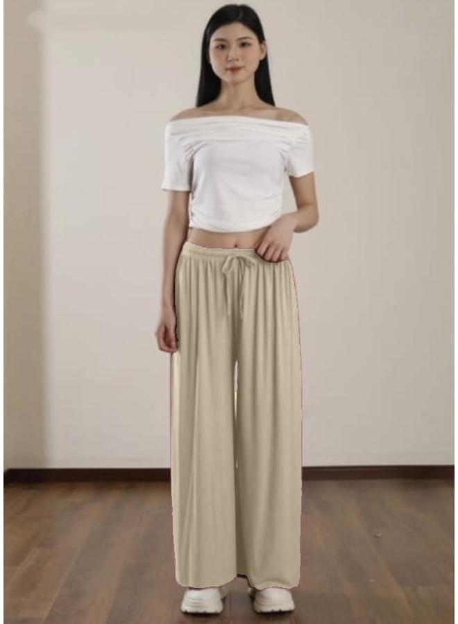 No brands بنطال Palazzo نسائي واسع الساق من القطن المضلع KU401 - Image 1