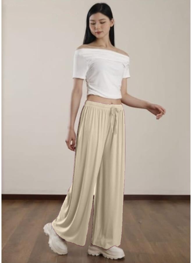 No brands بنطال Palazzo نسائي واسع الساق من القطن المضلع KU401 - Image 4