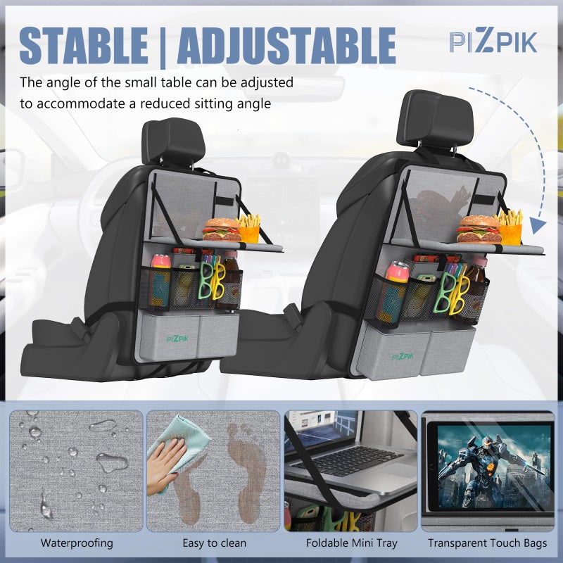 Plzpik Car Backseat Organizer with Tablet Holder,11 Storage Pockets with Foldable Food Tray, Protector Kick Mats for Kids, Travel Accessories Organizer (Gray, 1Pack with Food Tray) - Image 5