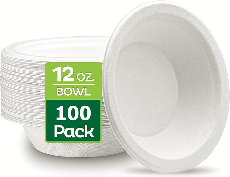 LATERN 100Pcs Disposable Bagasse Bowls 360ml White Rigid 100 Biodegradable Compostable Sugarcane Bowls for Daily Use Restaurants BBQ Party 135cm x 4cm