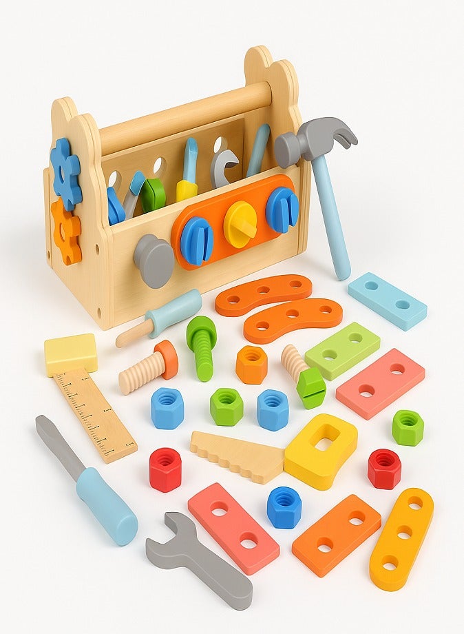 Wooden Tool Set for Kids, Montessori Toolbox Educational Toy with Hammer, Saw, Screws & Wrench, Pretend Play Construction Toolbox, STEM Learning Gifts for Boys & Girls Ages 3+ - Image 1