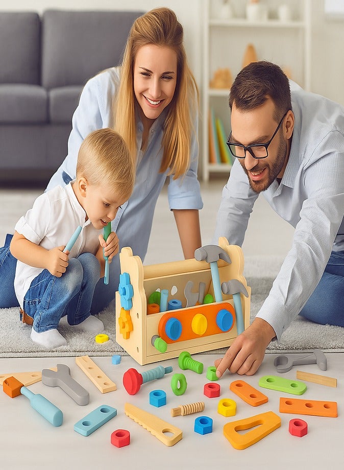 Wooden Tool Set for Kids, Montessori Toolbox Educational Toy with Hammer, Saw, Screws & Wrench, Pretend Play Construction Toolbox, STEM Learning Gifts for Boys & Girls Ages 3+ - Image 2