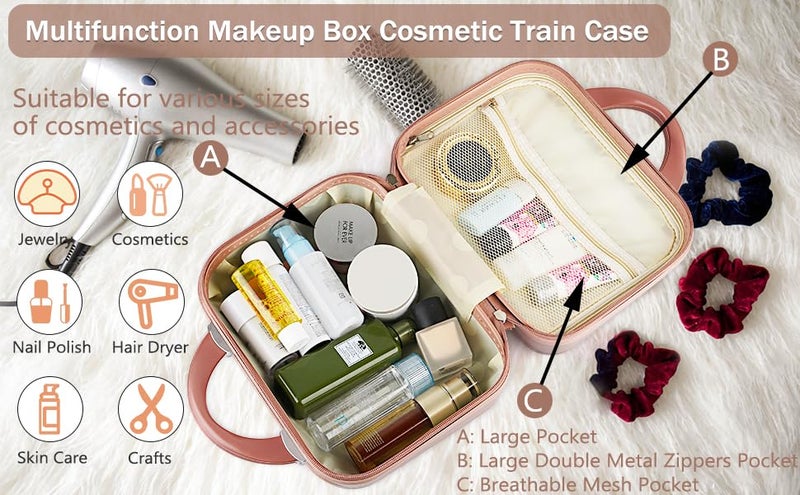 TONSYL Mini Hard Shell Hard Travel Luggage Makeup Case Small Portable Carrying Case Suitcase Organizer Makeup Storage Box Women Rose GoldWhite 1 - Image 4
