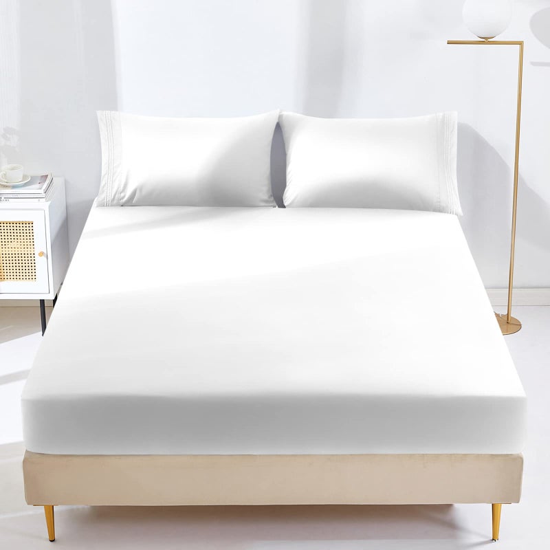 YIYEA Fitted Sheet with Pillowcase 1800TC Hotel Quality Double Brushed Microfiber Deep Pocket Fitted Sheet Queen Size Ultra Soft Fitted Bottom Sheet Shrinkage Fade Resistant Queen White