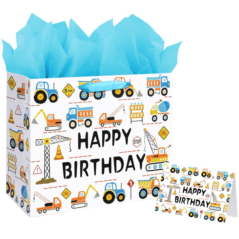 Laidans 13 Large Happy Birthday Gift Bag for Baby Boy Kids with Tissue Paper and Card Construction Vehicle
