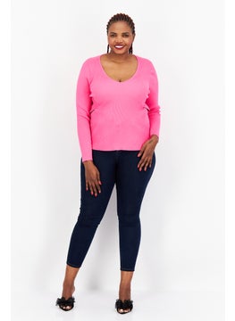 Bar III Women Plus Size V Neck Long Sleeve Textured Blouse, Pink  - Image 4
