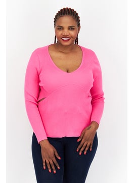 Bar III Women Plus Size V Neck Long Sleeve Textured Blouse, Pink  - Image 1
