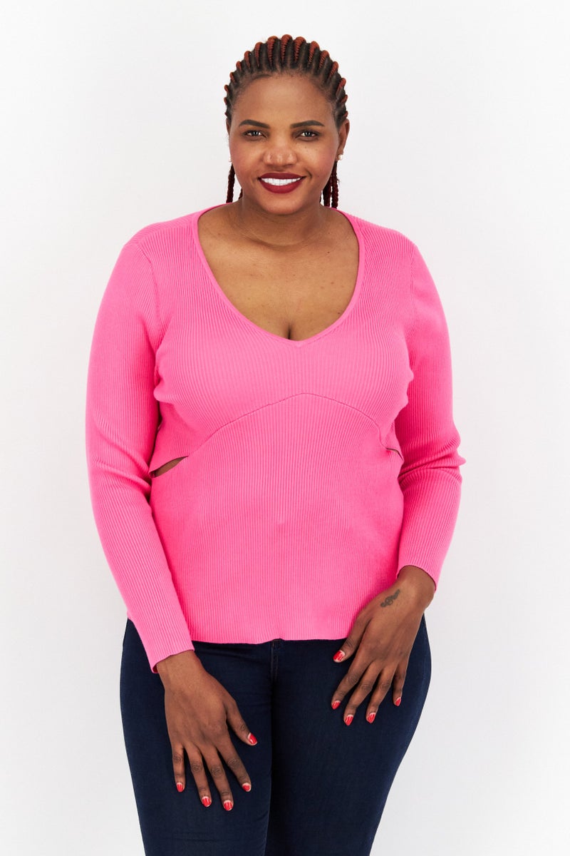 Bar III Women Plus Size V Neck Long Sleeve Textured Blouse, Pink - Image 1