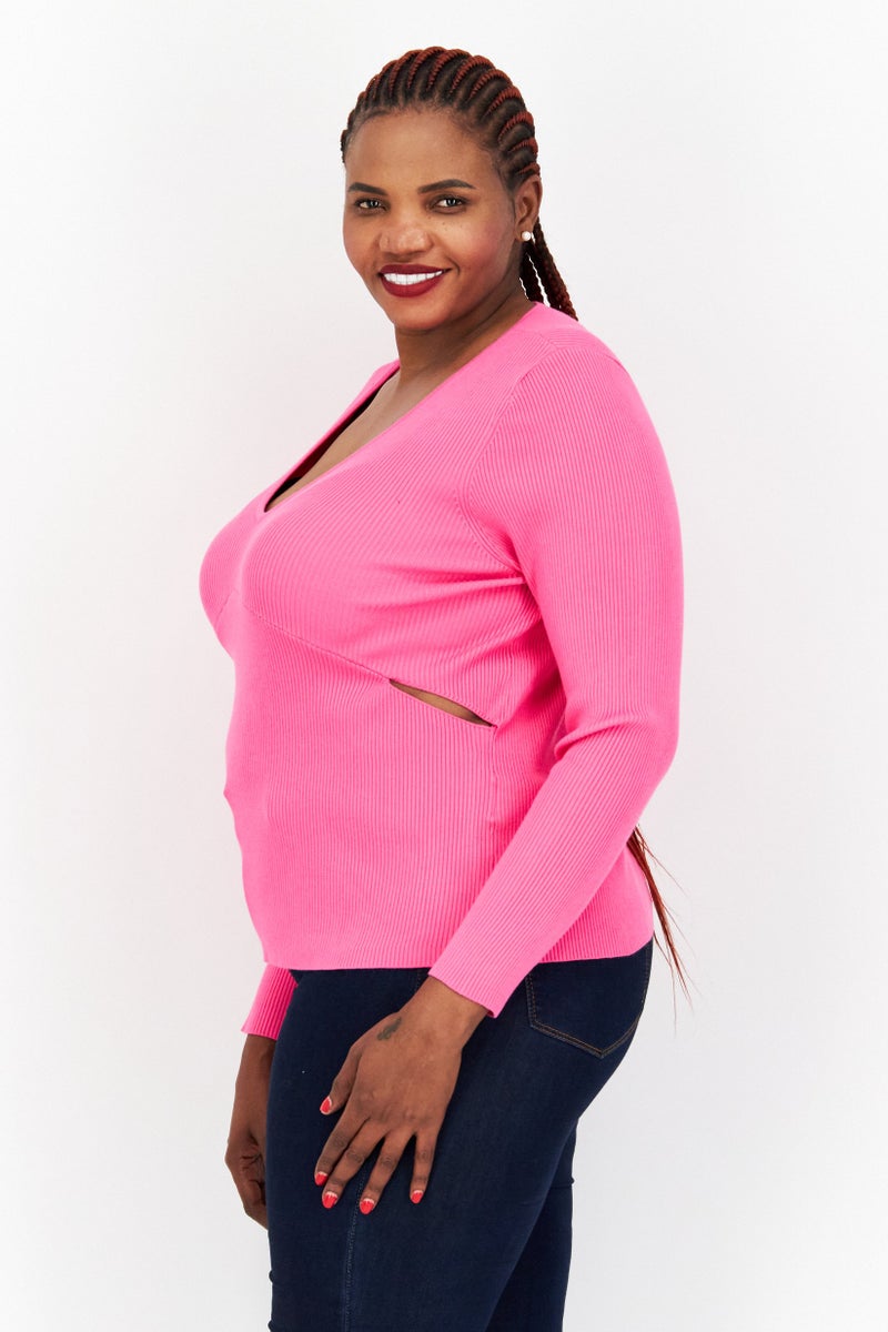 Bar III Women Plus Size V Neck Long Sleeve Textured Blouse, Pink - Image 2