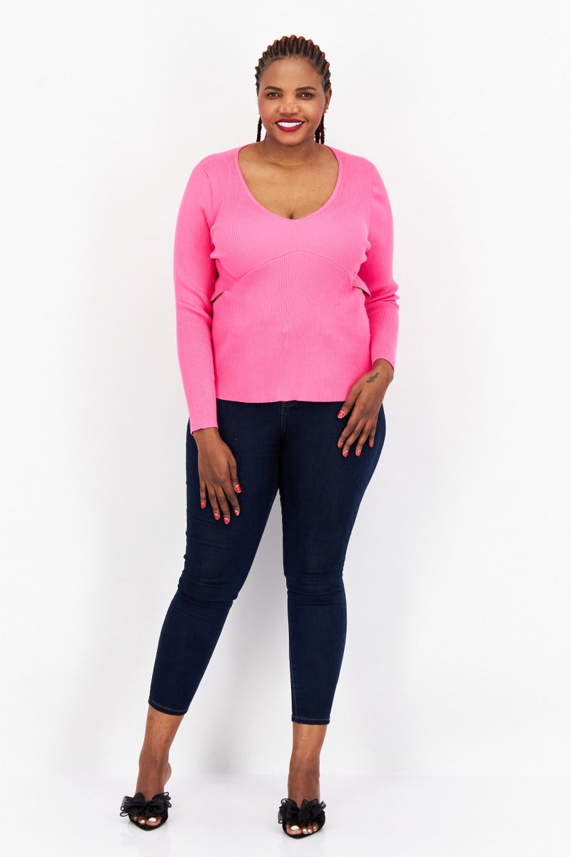 Bar III Women Plus Size V Neck Long Sleeve Textured Blouse, Pink - Image 4