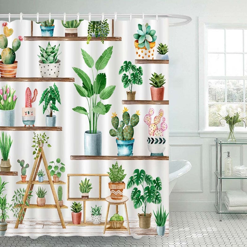 juirnost Green Plant Farmhouse Startain Bohemian Potted Plant Startain for Bathroom Cactus Plant Plant Attubs للحمام مع 12 خطافًا مقاومًا للبوليستر 72 "× 72" " - Image 2