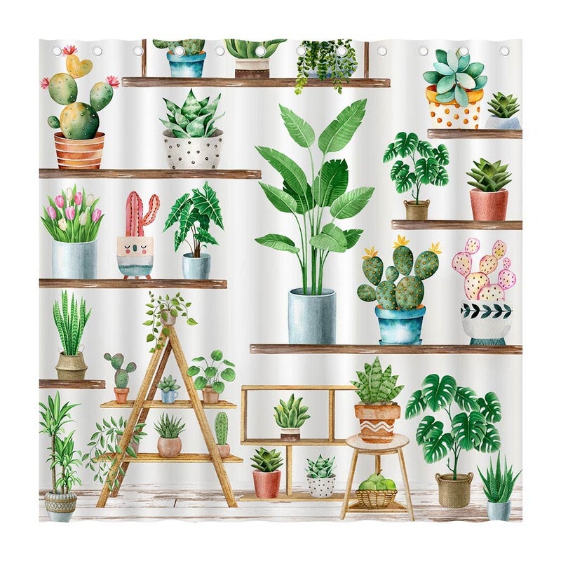 juirnost Green Plant Farmhouse Startain Bohemian Potted Plant Startain for Bathroom Cactus Plant Plant Attubs للحمام مع 12 خطافًا مقاومًا للبوليستر 72 "× 72" " - Image 1